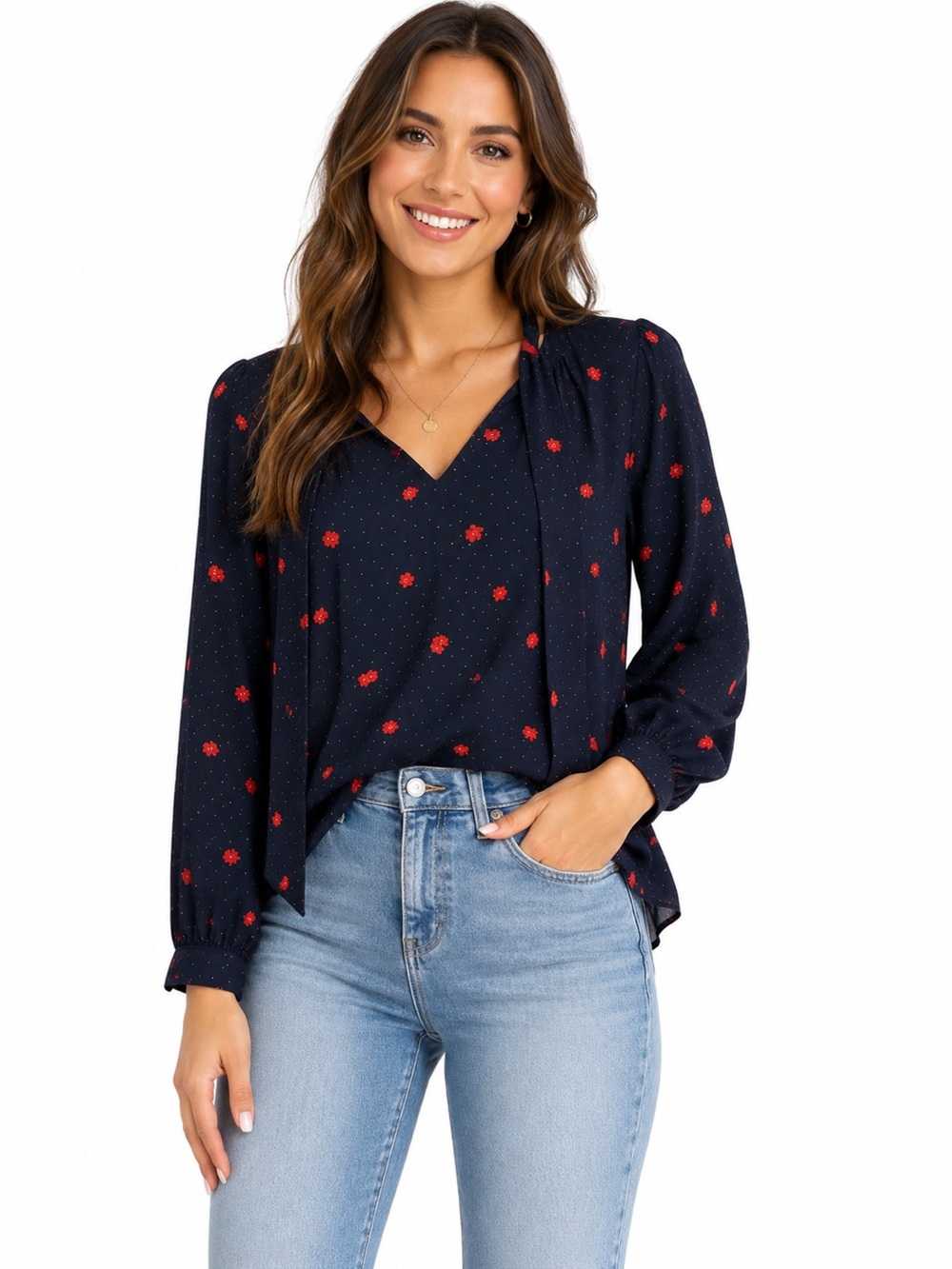 Banana Republic Navy Blouse with Red Floral‎ Accents